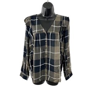 Bobeau Pangra Plaid V Neck Rayon Button Front Blouse Top Green Black Extra Small
